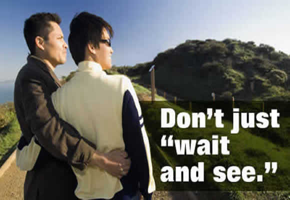 Front: Graphic of two men looking at lush landscape.  Text: Don’t just “wait and see.”

Inside: Just because a sore may be painless and disappear, doesn’t mean the disease is gone.  Get tested for Syphilis today.  Visit www.cdcnpin.org/stdawareness to find testing centers near you.
   