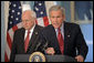 President George W. Bush addresses the media at the U.S. State Department after a series of meetings today discussing America's foreign policy Monday, August, 14, 2006. "America recognizes that civilians in Lebanon and Israel have suffered from the current violence, and we recognize that responsibility for this suffering lies with Hezbollah. It was an unprovoked attack by Hezbollah on Israel that started this conflict," said President Bush. "Hezbollah terrorists targeted Israeli civilians with daily rocket attacks. Hezbollah terrorists used Lebanese civilians as human shields, sacrificing the innocent in an effort to protect themselves from Israeli response." White House photo by Eric Draper