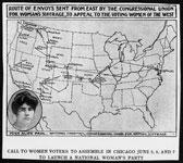 Map of the U.S. showing routes of C.U. envoys with an inset portrait of Alice Paul