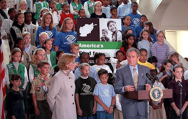 President George W. Bush speaks at an assembly of children and civic leaders contributing to America's Fund for Afghanistan Children at The American Red Cross in Washington, D.C. White House photo by Tina Hager.