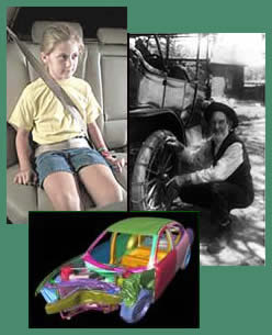 Photos:  child with seatbelt,  bearded man putting chains on  old fasioned auto,   drawing of wrecked car.