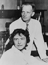 Photo:  A man and woman, each wearing lab coats.  She is seated, and he is standing behind her.