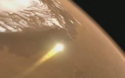 Graphic: light and streak against backdrop of Mars.