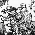 You may be the commanding general of Post 17 of the
Grand Patriot Militia, but in this outfit you're the private who takes the garbage
to the dump! April 28, 1995; Ink and tonal film overlay on paper