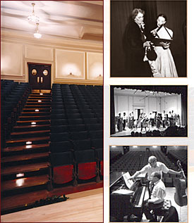 Montage: The Coolidge Auditorium; Elizabeth Coolidge with Martha Graham, Performers on the Coolidge stage; Janos Starker, cellist, rehearsing on the Coolidge stage