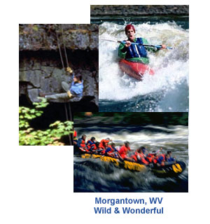 image of a man kayaking, a man mountain climbing and one of several people going down water rapids