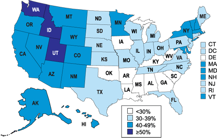 Percent of Children Breastfed at 6 Months of Age by State among Children Born in 2002
