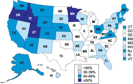 Percent of Children Breastfed at 6 Months of Age by State among Children Born in 2000