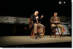 Vice President Dick Cheney discusses strengthening Social Security during a town hall meeting in Bakersfield, Calif., March 21, 2005. On stage with the Vice President is Rep. Bill Thomas, R-CA, chairman of the Ways and Means Committee.  White House photo by David Bohrer