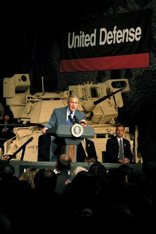 President George W. Bush addresses employees at United Defense Industries in Santa Clara, Calif., Friday, May 2, 2003. The defense company produces vehicles and technology that is being used by soldiers in Iraq, including the Bradley Fighting Vehicle and the Hercules Recovery Vehicle. White House photo by Susan Sterner