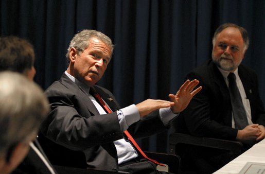 President George W. Bush talks with small business owners and employees during a roundtable discussion at the Robinson Center in Little Rock, Ark., Monday, May 5, 2003. White House photo by Susan Sterner