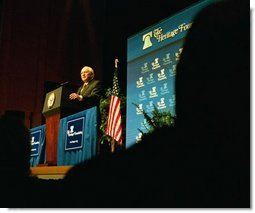 Vice President Dick Cheney addresses the Heritage Foundation at the Ronald Reagan Building and International Trade Center in Washington, D.C., May 1, 2003. "A vital element of our strategy against terror is to break the alliances between terrorist organizations and terrorist states," Vice President Cheney said. "In the case of Iraq, President Bush made it absolutely clear that the United States would not tolerate a growing danger from this dictator and his brutal regime. Today, Saddam Hussein's regime is history."  White House photo by David Bohrer