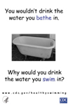 Poster: Why would you drink the water you swim in? Image shows bathroom tub.