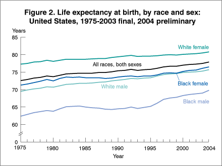 Figure 2. Life expectancy at birth, by race and sex: United States, 1975-2003 final, 2004 preliminary figure