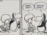 Bloom County. Milo Bloom reads as Opus the penguin walks past wearing a wig, 