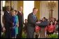 President George W. Bush addresses education leaders during his remarks on Education Implementation in the East Room at the White House Wednesday, Sept. 4. In his first year in office, the No Child Left Behind Act of 2001 was passed with an overwhelming majority in both houses of Congress. Today state and local schools were recognized for their efforts in implementing the act. 