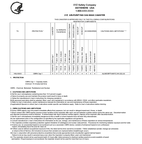 Sample matrix-style APR canister approval label