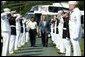 President George W. Bush welcomes President Pervez Musharraf of Pakistan to Camp David Tuesday, June 24, 2003. "Since September 11th attacks, Pakistan has apprehended more than 500 al Qaeda and Taliban terrorists -- thanks to the effective border security measures and law enforcement cooperation throughout the country, and thanks to the leadership of President Musharraf," said President Bush in his remarks. White House photo by David Bohrer