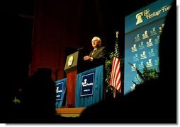 Vice President Dick Cheney talks about Medicare and health care at the American Association of Health Plans’ annual meeting in Washington, D.C., June 13, 2003. "We seek a health care system where all Americans have an insurance policy and can choose their own doctors, and where seniors, the disabled, and low-income people receive the assistance they need," Vice President Cheney said. "And we are determined to keep the patient-doctor relationship at the center of American health care."  White House photo by Tina Hager