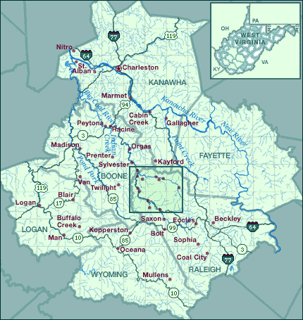 A map of the Big Coal River area in southern West Virginia.