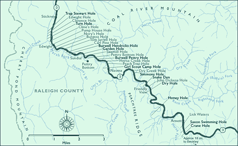 A map showing fishing holes along the Marsh Fork in southern West Virginia.