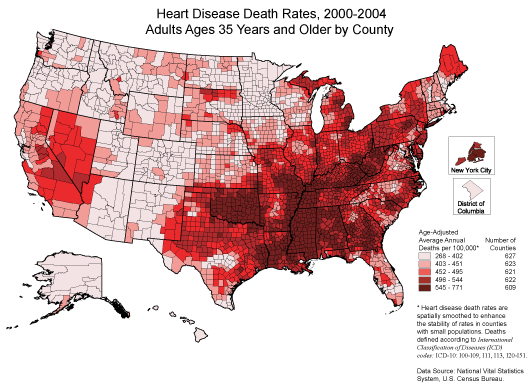Heart Disease Death Rates for 2000 through 2004 of Adults Aged 35 Years and Older by County. The map shows that concentrations of counties with the highest heart disease rates - meaning the top quintile - are located in Appalachia, along the southeast coastal plains, inland through the southern regions of Georgia and Alabama, and up the Mississippi River Valley.