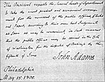 John Adams' letter ordering the relocation of government offices