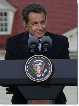 President Nicolas Sarkozy of France listens to a reporter's question Wednesday, Nov. 7, 2007, during a joint press availability with President George W. Bush at the Mount Vernon Estate in Mount Vernon, Va. President Sarkozy told President Bush, "I get the distinct sense that it is France that has been welcomed so warmly, with so much friendship, so much love. So when I say that the French people love the American people, that is the truth and nothing but the truth." White House photo by Chris Greenberg