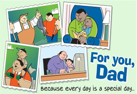 Cover Image: 4 stamps consisting of a man fishing with his father, a man reading to his child, a man carring a child on his shoulders and a man working at the computer with his daughter. Cover Text: For you Dad, Because everyday is a special day. Inside text: Take Care of Yourself - I love you more than words can say.(link to http://www.cdc.gov/diabetes/consumer/index.htm).