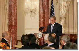 President George W. Bush addresses his remarks at the Secretary of State’s Dinner Monday evening, Nov. 26, 2007 at the State Department in Washington, D.C., welcoming the participants attending the Annapolis Conference. White House photo by Chris Greenberg