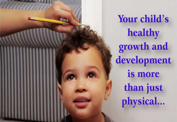 On the front of the card, there is an image of a child being measured for height, with the text: Your child's healthy growth and development is more than just physical...