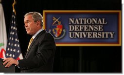 President George W. Bush addresses the National Defense University's Distinguished Lecture Program Tuesday, Oct. 23, 2007, in Washington, D.C. Said the President, "All of you who wear the uniform are helping to protect this country, and the United States of America is grateful for your service."  White House photo by Chris Greenberg