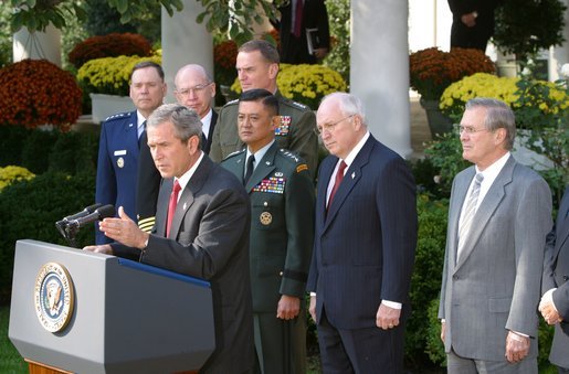 President George W. Bush addresses the media during the signing of the Department of Defense Appropriations Bill in the Rose Garden Wednesday, Oct. 23. White House photo by Paul Morse.