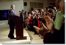 President George W. Bush addresses Hispanic leaders in the Dwight D. Eisenhowser Executive Office Building Thursday, Oct. 3. White House photo by Eric Draper.