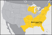 Approximate distribution of the blacklegged tick.