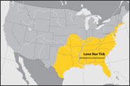 Approximate distribution of the lone star tick.