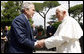 President George W. Bush shakes hands with Pope Benedict XVI as he arrives Friday, June 13, 2008, at the Vatican. White House photo by Eric Draper