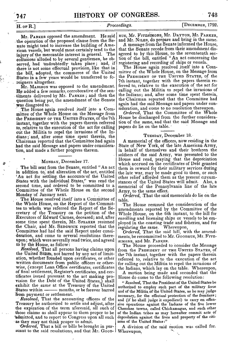 Pages 747 & 748 of 1456, Annals of Congress, House of Representatives, 2nd 