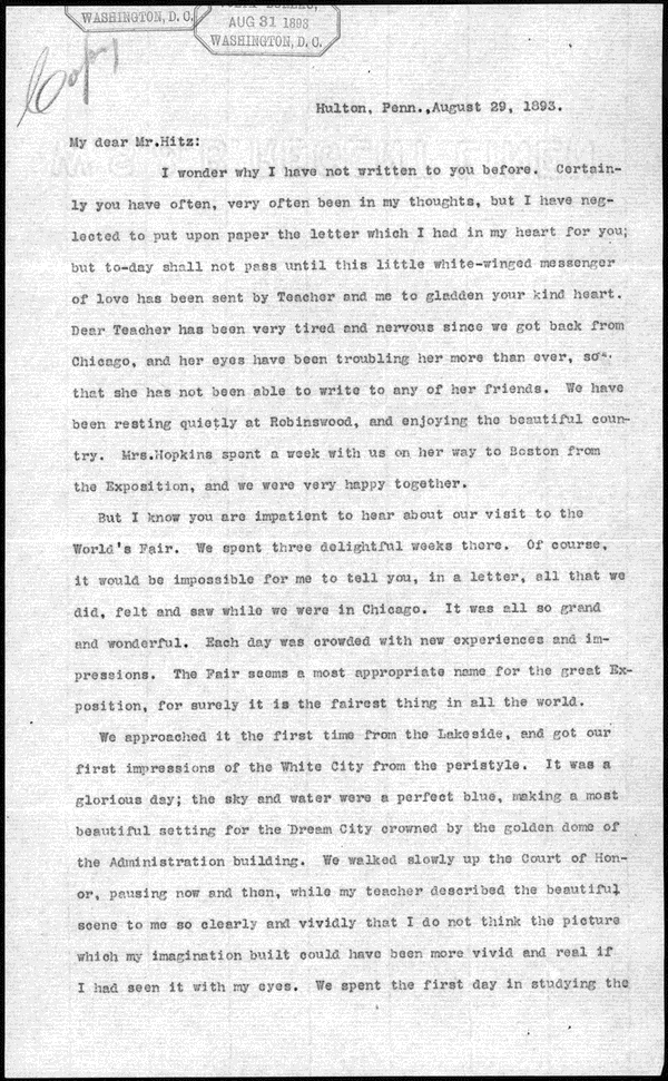 Image 1 of 2, Letter from Helen Keller to John Hitz, August 29, 