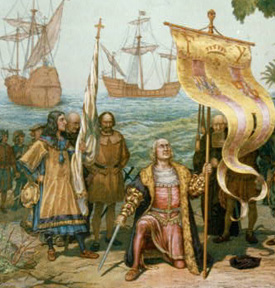 Image of Columbus kneeling on the shoreline of the new world, America.