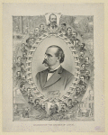Portrait of a man inset in a circle of smaller portraits of men