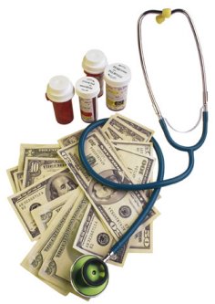 Image of a stethescope, pill bottles, and money.