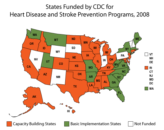 Color-coded map showing states funded for Heart Disease and Stroke Prevention programs for 2008.  States are assigned one of three categories: Not Presently Funded; Capacity Building; Basic Implementation.