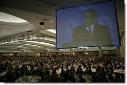 President George W. Bush delivers remarks at the National Catholic Prayer Breakfast in Washington, D.C., Friday, May 20, 2005. "This morning we also reaffirm that freedom rests on the self-evident truths about human dignity," said the President. "Pope Benedict XVI recently warned that when we forget these truths, we risk sliding into a dictatorship of relativism where we can no longer defend our values." White House photo by Eric Draper