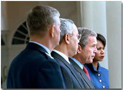 "Today, I have given formal notice to Russia, in accordance with the treaty, that the United States of America is withdrawing from this almost 30 year old treaty," said President George W. Bush announcing the withdrawal from the 1972 Anti Ballistic Missile treaty in the Rose Garden Dec. 13. Standing with the President are the Chairman of the Joint Chief of Staffs Richard B. Myers (far left), Secretary of State Colin Powell (left), and National Security Advisor Condoleezza Rice. White House photo by Eric Draper.