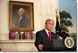 President George W. Bush delivers a statement on Darfur Tuesday, May 29, 2007, in the Diplomatic Reception Room of the White House. Said the President, " The people of Darfur are crying out for help. I urge the United Nations Security Council, the African Union, and all members of the international community to reject any efforts to obstruct implementation of the agreements that would bring peace to Darfur and Sudan."  White House photo by David Bohrer
