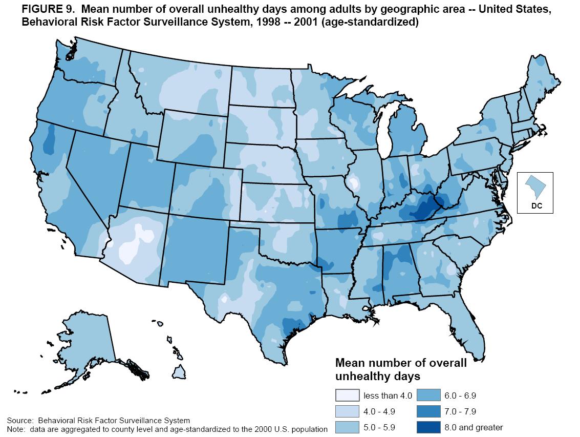 Mean number of overall unhealthy days among adults by geographic area 1998 - 2001 Map Image