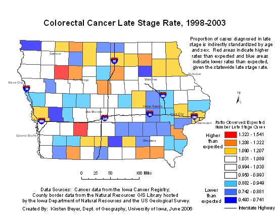 Colorectal Cancer Late Stage Rates by County Map Image