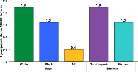 This graph shows the incidence rates for vulvar cancer in the United States during 1998 to 2003 by race and Hispanic ethnicity. The rates shown are the number of women who were diagnosed with vulvar cancer for every 100,000 women. About 1.8 white women, 1.3 black women, and 0.4 Asian/Pacific Islander women were diagnosed with vulvar cancer per 100,000 women. About 1.3 Hispanic women were diagnosed with vulvar cancer per 100,000 women, compared to 1.8 non-Hispanic women.