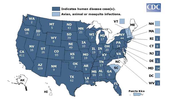 Map of West Nile Virus activity 